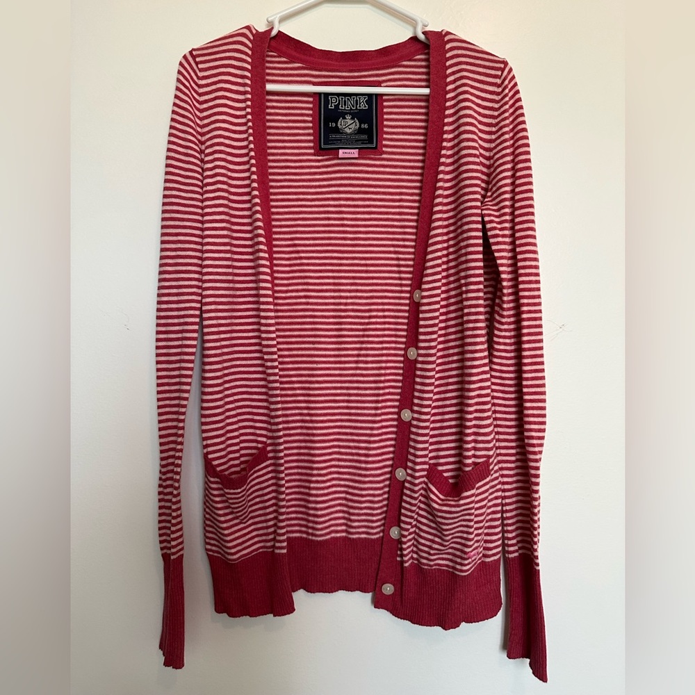 PINK Victoria Secret Red Pink Striped Sweater Cardigan
